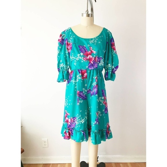 70s Hawaiian Floral Jumpsuit Mod Blue Maxi Romper Tropical Teal - Picture 2 of 10